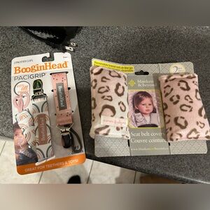Pink Leopard Seatbelt Cover and pacifier Clip Set